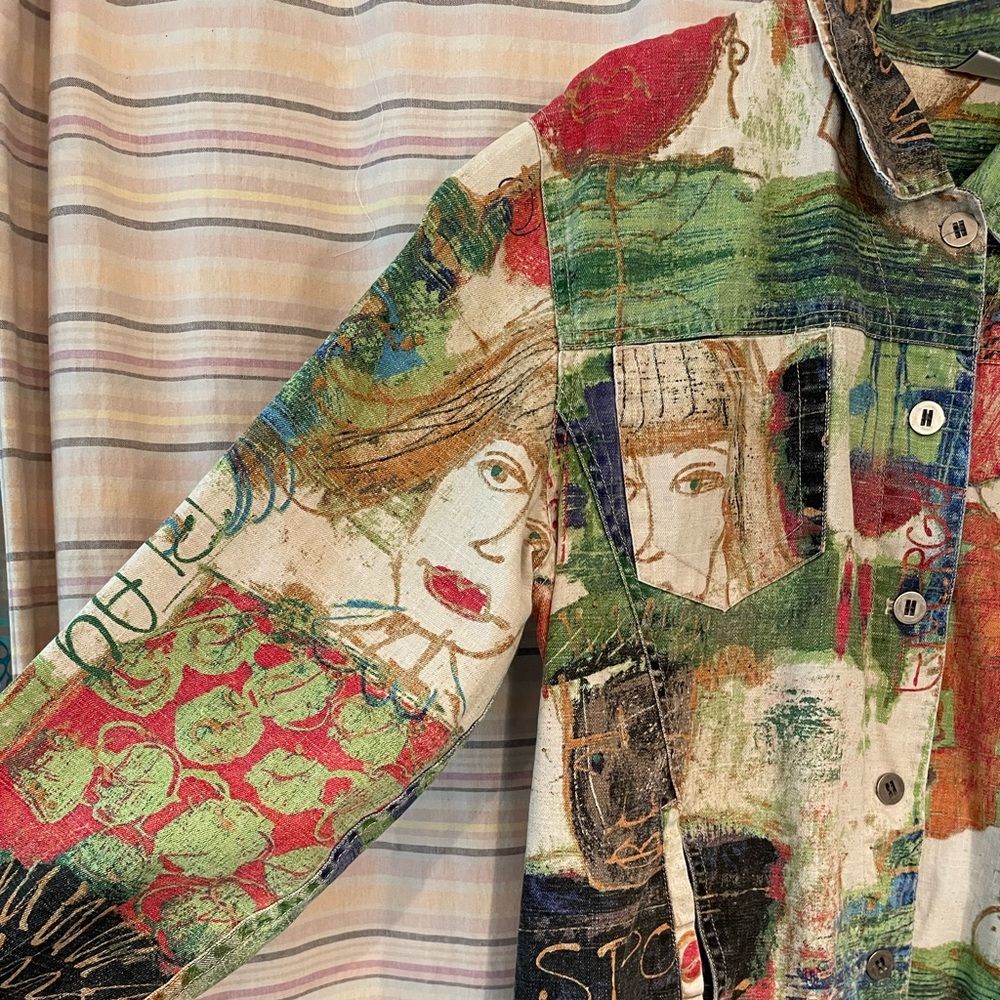 Chicos light weight jean jacket. Art Deco special collection.